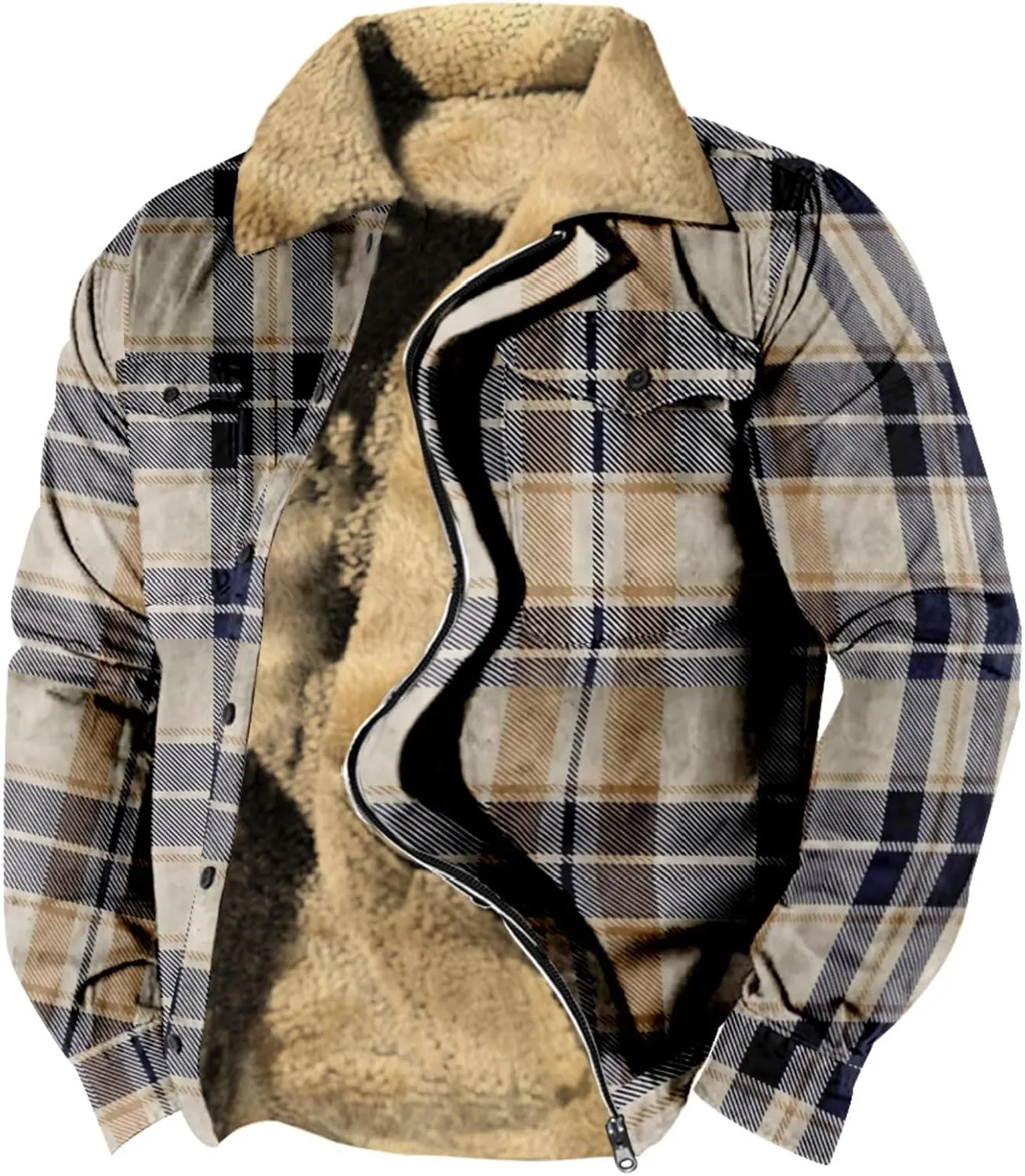 LCMTWX Men's Plaid Hooded Shirts Pocket Hooded Padded Loose Shirt Top Jacket Coats Casual Loose Thicken Quilted Sherpa