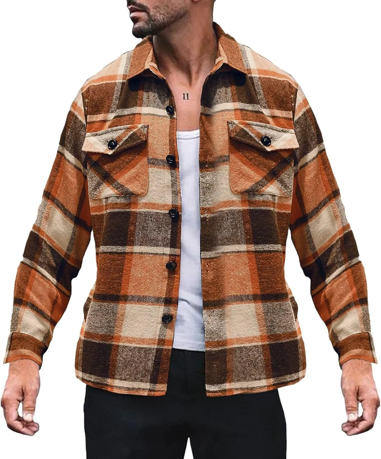LCMTWX Men's Plaid Hooded Shirts Pullover Sweatshirt Jacket Button Collar Warm Sweater Coat Lined Hooded Plaid Shirt Soft