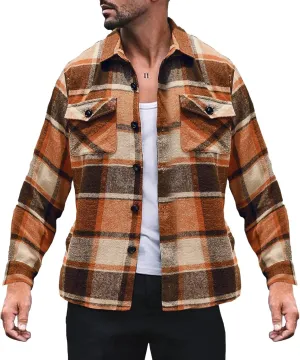 LCMTWX Men's Plaid Hooded Shirts Pullover Sweatshirt Jacket Button Collar Warm Sweater Coat Lined Hooded Plaid Shirt Soft