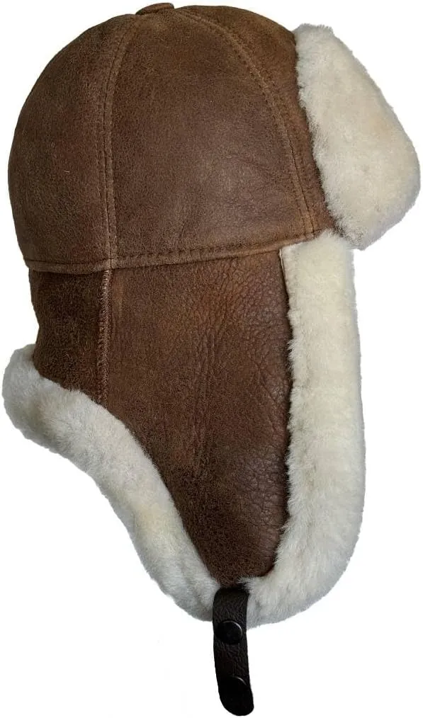 Leather Aviator Russian Ushanka Trapper Shearling Sheepskin Fur Ear Flap Waterproof Winter Hat