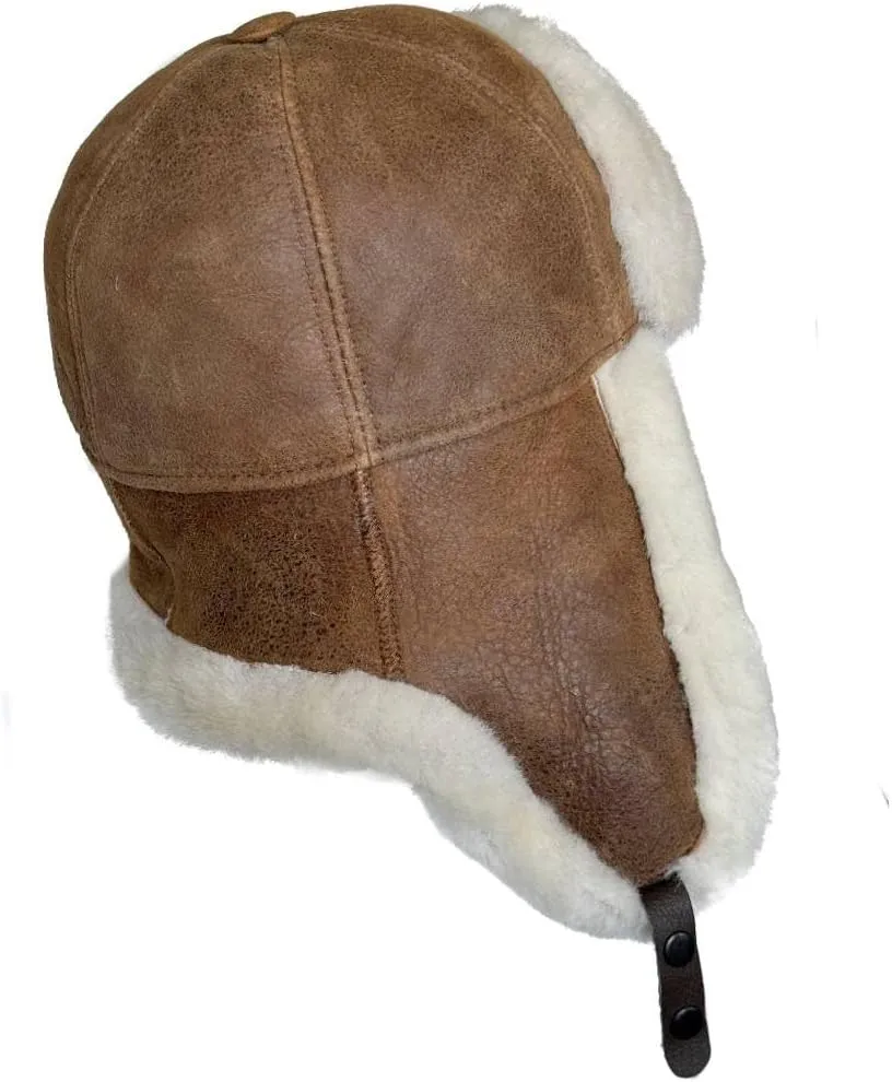 Leather Aviator Russian Ushanka Trapper Shearling Sheepskin Fur Ear Flap Waterproof Winter Hat