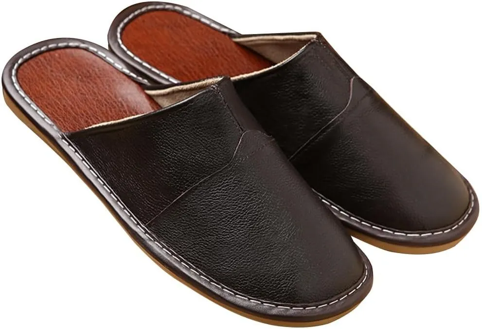 Leather Slippers For Men And Women Indoor Outdoor Flat Slide Sandals House Slip-on Shoes For Office Home Bedroom Living Room Guests Visitor