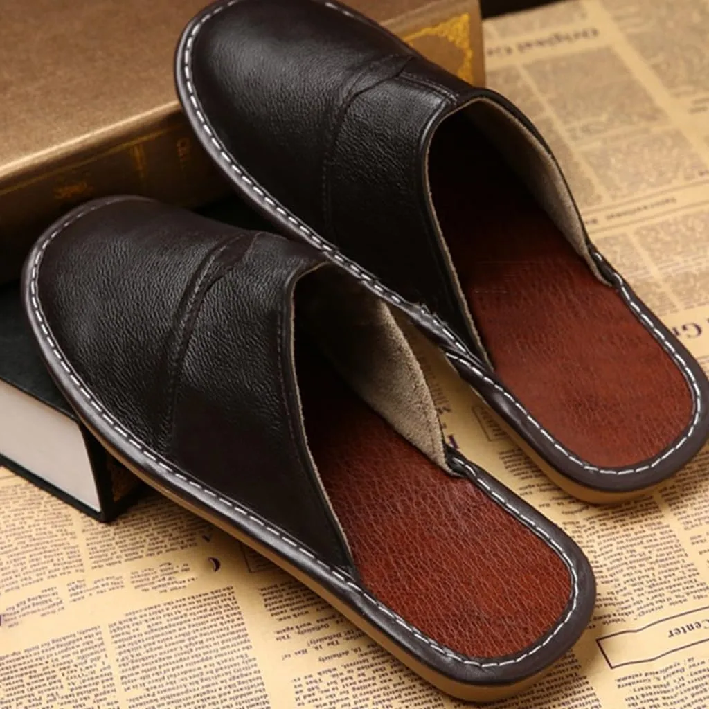 Leather Slippers For Men And Women Indoor Outdoor Flat Slide Sandals House Slip-on Shoes For Office Home Bedroom Living Room Guests Visitor