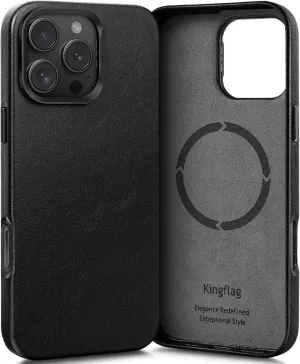 Leather Wrapped Case for iPhone 16 Pro 6.3 inch with Kickstand, Compatible with MagSafe, Vintage Texture Oil Wax Cowhide Leather, Metal Buttons Camera Bezel Retro Black