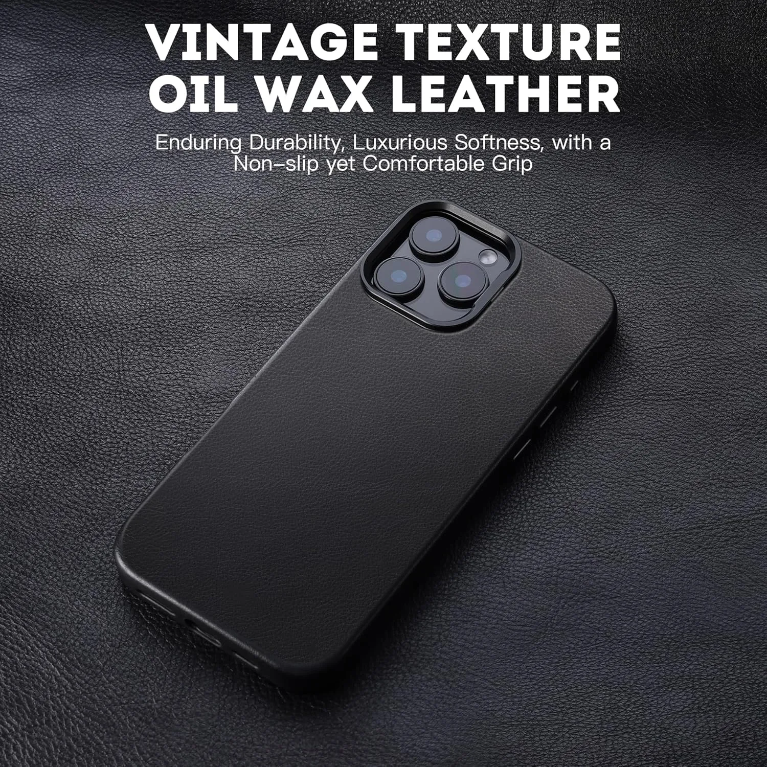 Leather Wrapped Case for iPhone 16 Pro 6.3 inch with Kickstand, Compatible with MagSafe, Vintage Texture Oil Wax Cowhide Leather, Metal Buttons Camera Bezel Retro Black