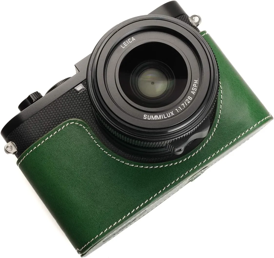 Leica Q2 Camera Case, BolinUS Handmade Genuine Real Leather Half Camera Case Bag Cover for Leica Q2 Camera Bottom Opening Version   Hand Strap (Green)