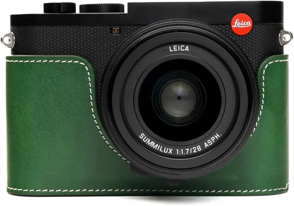 Leica Q2 Camera Case, BolinUS Handmade Genuine Real Leather Half Camera Case Bag Cover for Leica Q2 Camera Bottom Opening Version   Hand Strap (Green)