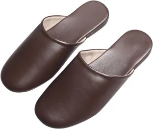 LEIYTFE Genuine Leather Scuff Slippers Men and Women Home Slippers,Four Season Soft Bottom Slippers,Couple Slippers Closed Toe Ladies Slides(Dark Brown,EUR39-40)