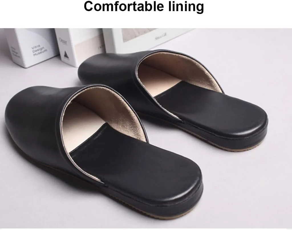 LEIYTFE Genuine Leather Scuff Slippers Men and Women Home Slippers,Four Season Soft Bottom Slippers,Couple Slippers Closed Toe Ladies Slides(Dark Brown,EUR39-40)