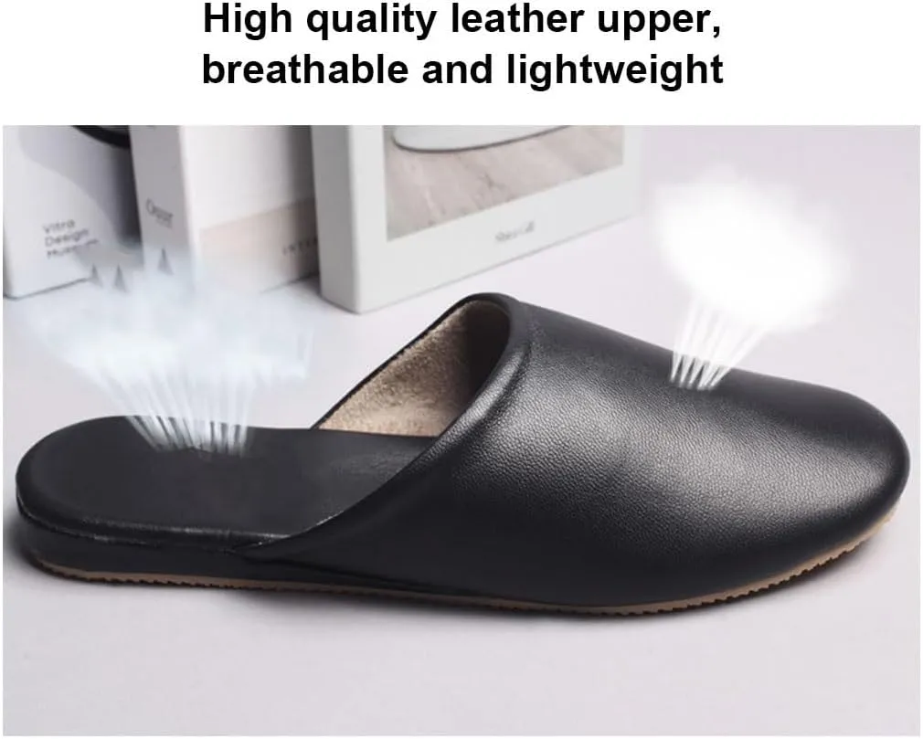 LEIYTFE Genuine Leather Scuff Slippers Men and Women Home Slippers,Four Season Soft Bottom Slippers,Couple Slippers Closed Toe Ladies Slides(Dark Brown,EUR39-40)