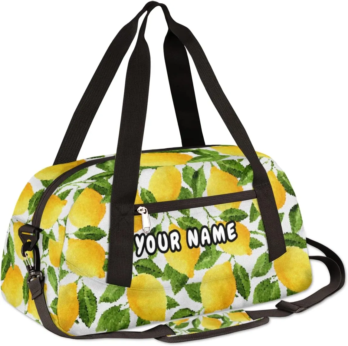 Lemon Fruit Leaves Personalized Kids Duffel Bag for Girls Boys, Lemon Debris Custom Name Dance Bag Overnight Small Duffel Bag Carry On Weekend Sports Travel Bag for School Practice Gymnastics Ballet