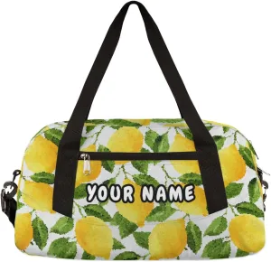 Lemon Fruit Leaves Personalized Kids Duffel Bag for Girls Boys, Lemon Debris Custom Name Dance Bag Overnight Small Duffel Bag Carry On Weekend Sports Travel Bag for School Practice Gymnastics Ballet