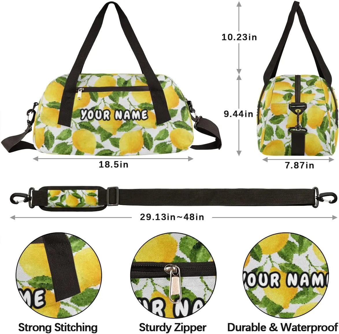 Lemon Fruit Leaves Personalized Kids Duffel Bag for Girls Boys, Lemon Debris Custom Name Dance Bag Overnight Small Duffel Bag Carry On Weekend Sports Travel Bag for School Practice Gymnastics Ballet