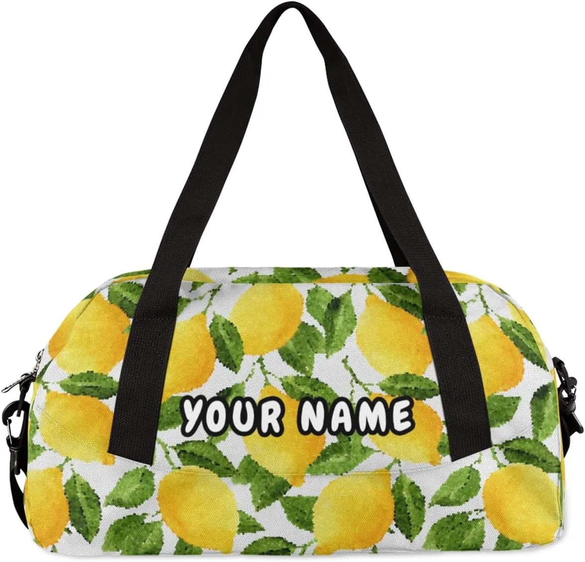 Lemon Fruit Leaves Personalized Kids Duffel Bag for Girls Boys, Lemon Debris Custom Name Dance Bag Overnight Small Duffel Bag Carry On Weekend Sports Travel Bag for School Practice Gymnastics Ballet
