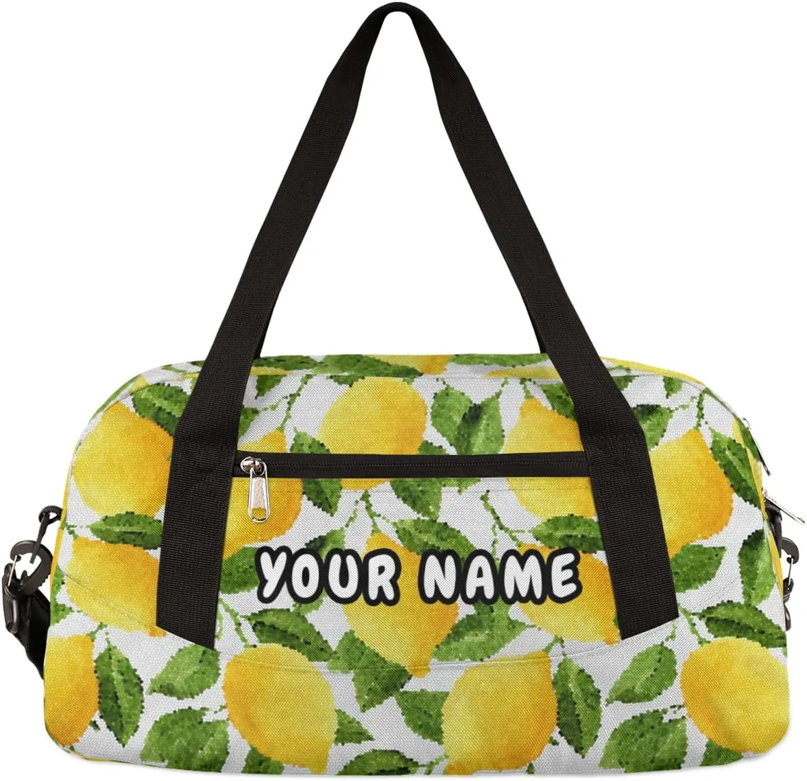 Lemon Fruit Leaves Personalized Kids Duffel Bag for Girls Boys, Lemon Debris Custom Name Dance Bag Overnight Small Duffel Bag Carry On Weekend Sports Travel Bag for School Practice Gymnastics Ballet