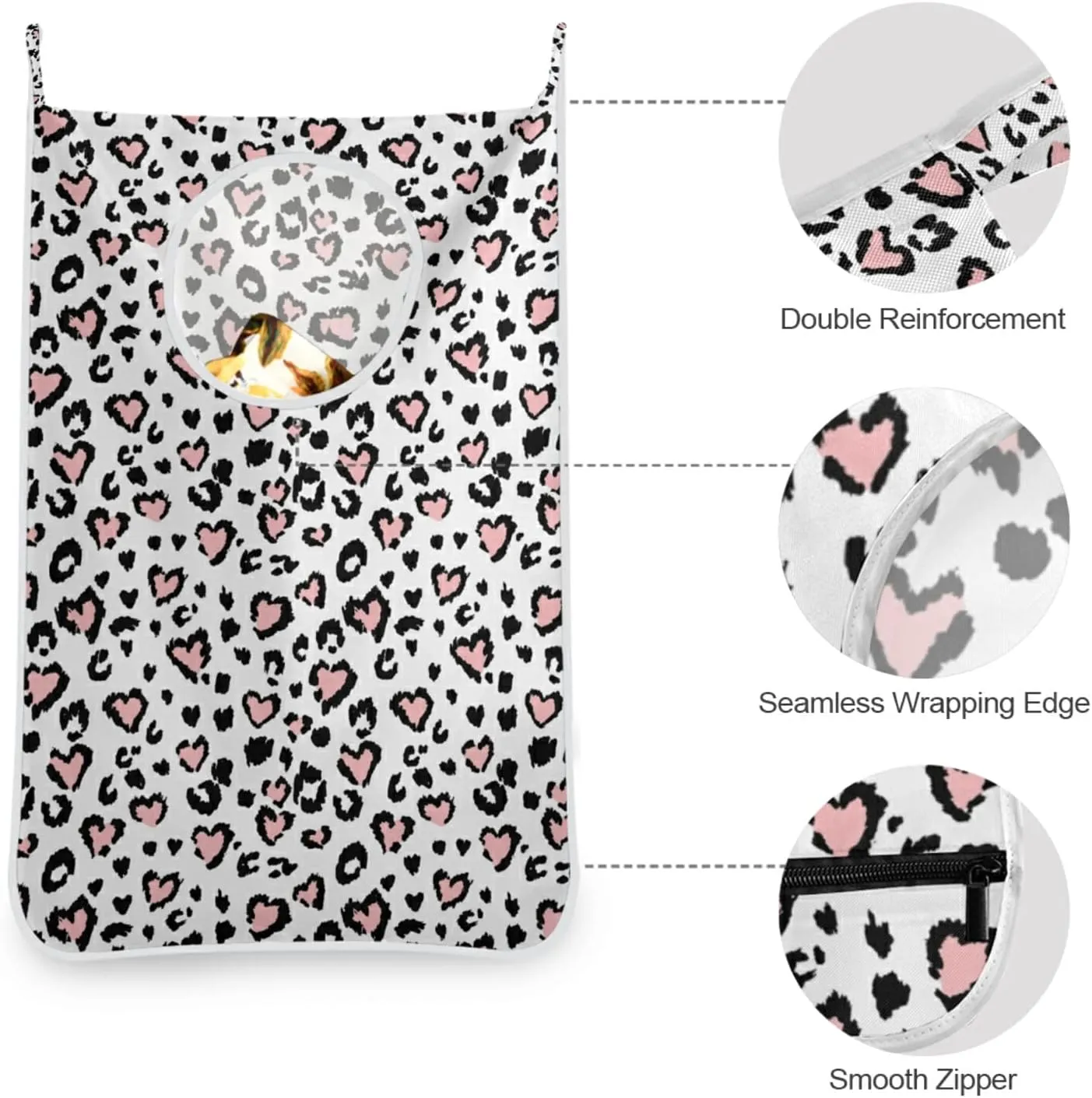 Leopard Jaguar Skin with Pink Hearts Black Spots Animal Print Hanging Laundry Hamper Bag, Dirty Clothes Bag Over The Door, Wall Cloth Basket with Hooks Storage Closet for Bathroom Bedroom