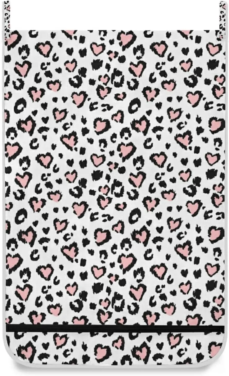 Leopard Jaguar Skin with Pink Hearts Black Spots Animal Print Hanging Laundry Hamper Bag, Dirty Clothes Bag Over The Door, Wall Cloth Basket with Hooks Storage Closet for Bathroom Bedroom