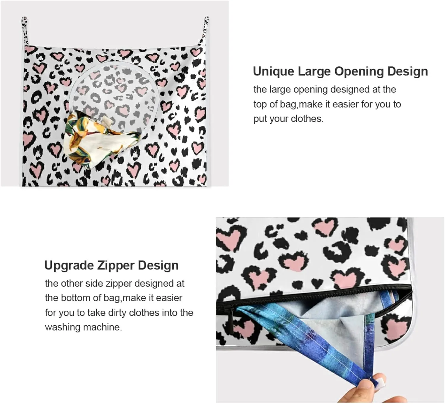 Leopard Jaguar Skin with Pink Hearts Black Spots Animal Print Hanging Laundry Hamper Bag, Dirty Clothes Bag Over The Door, Wall Cloth Basket with Hooks Storage Closet for Bathroom Bedroom