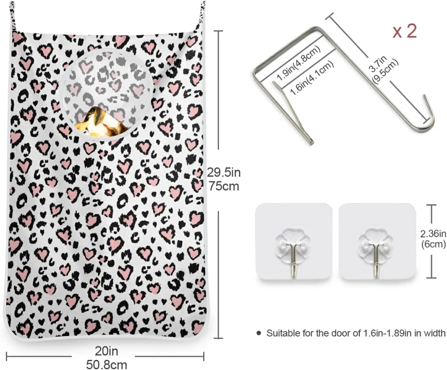 Leopard Jaguar Skin with Pink Hearts Black Spots Animal Print Hanging Laundry Hamper Bag, Dirty Clothes Bag Over The Door, Wall Cloth Basket with Hooks Storage Closet for Bathroom Bedroom