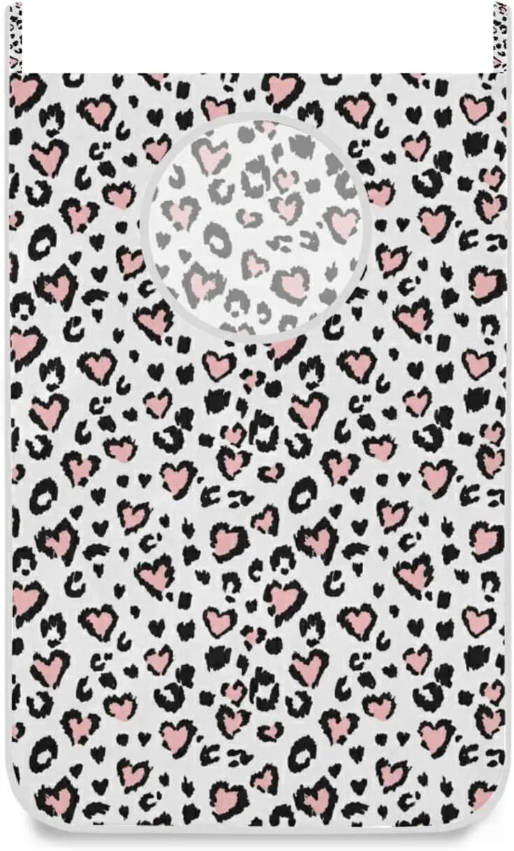 Leopard Jaguar Skin with Pink Hearts Black Spots Animal Print Hanging Laundry Hamper Bag, Dirty Clothes Bag Over The Door, Wall Cloth Basket with Hooks Storage Closet for Bathroom Bedroom