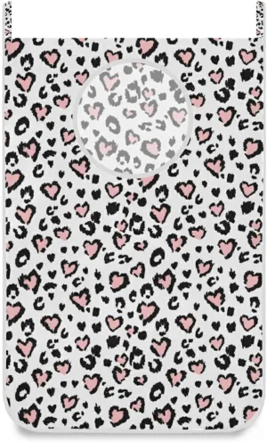 Leopard Jaguar Skin with Pink Hearts Black Spots Animal Print Hanging Laundry Hamper Bag, Dirty Clothes Bag Over The Door, Wall Cloth Basket with Hooks Storage Closet for Bathroom Bedroom