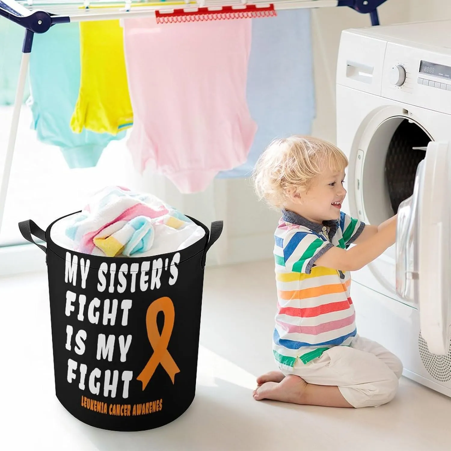 Leukemia Cancer Awarenes Laundry Hamper,45L Round Drawstring Collapsible Laundry Basket with Handle 17in Waterproof Storage Basket for Bedroom Room-1
