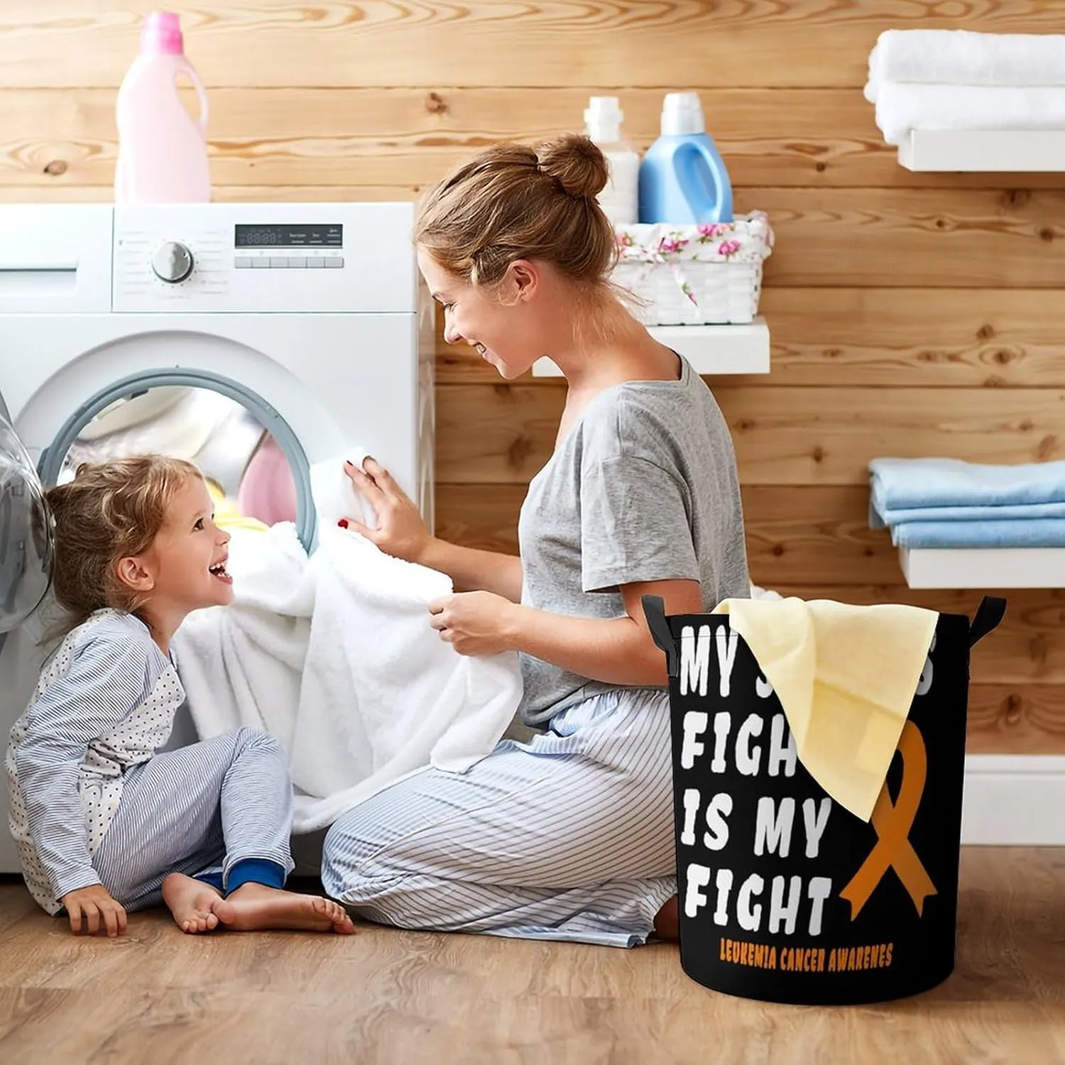 Leukemia Cancer Awarenes Laundry Hamper,45L Round Drawstring Collapsible Laundry Basket with Handle 17in Waterproof Storage Basket for Bedroom Room-1