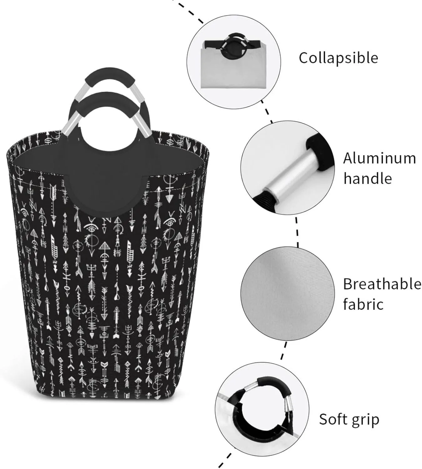 LIBIFALL Adventure Arrow Laundry Basket Black White 50L Large Collapsible Laundry Hamper Bag Arrows Clothes Hampers with Handles Storage For Dorm Family
