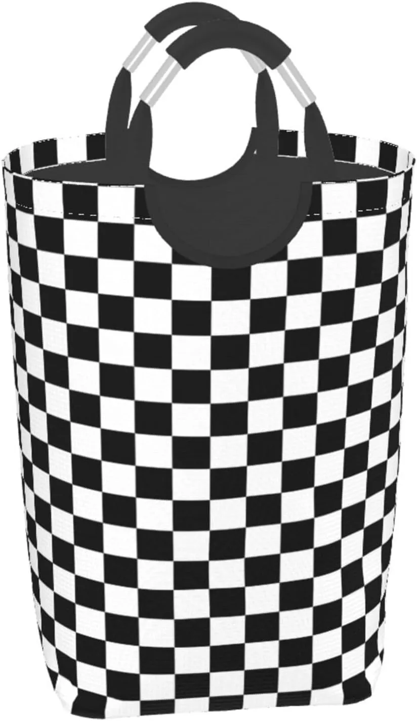 LIBIFALL Black and White Plaid Large Laundry Basket Checkerboard Laundry Hamper Bag Collapsible Laundry Baskets Clothes Hamper with Handles Checkered Storage Baskets For Dorm,Family,50L