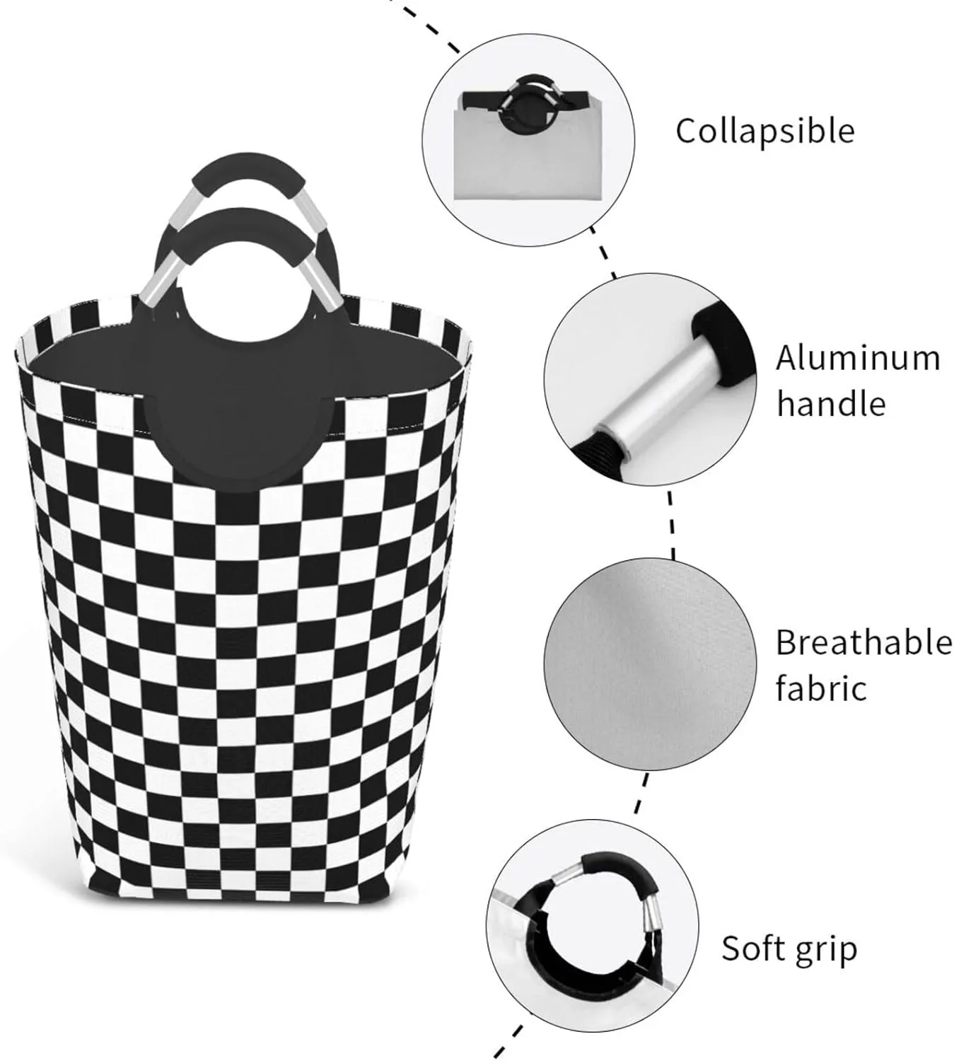 LIBIFALL Black and White Plaid Large Laundry Basket Checkerboard Laundry Hamper Bag Collapsible Laundry Baskets Clothes Hamper with Handles Checkered Storage Baskets For Dorm,Family,50L