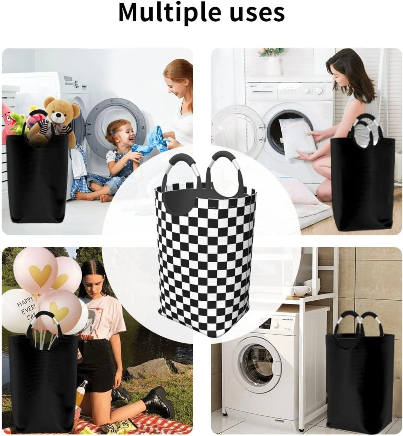 LIBIFALL Black and White Plaid Large Laundry Basket Checkerboard Laundry Hamper Bag Collapsible Laundry Baskets Clothes Hamper with Handles Checkered Storage Baskets For Dorm,Family,50L