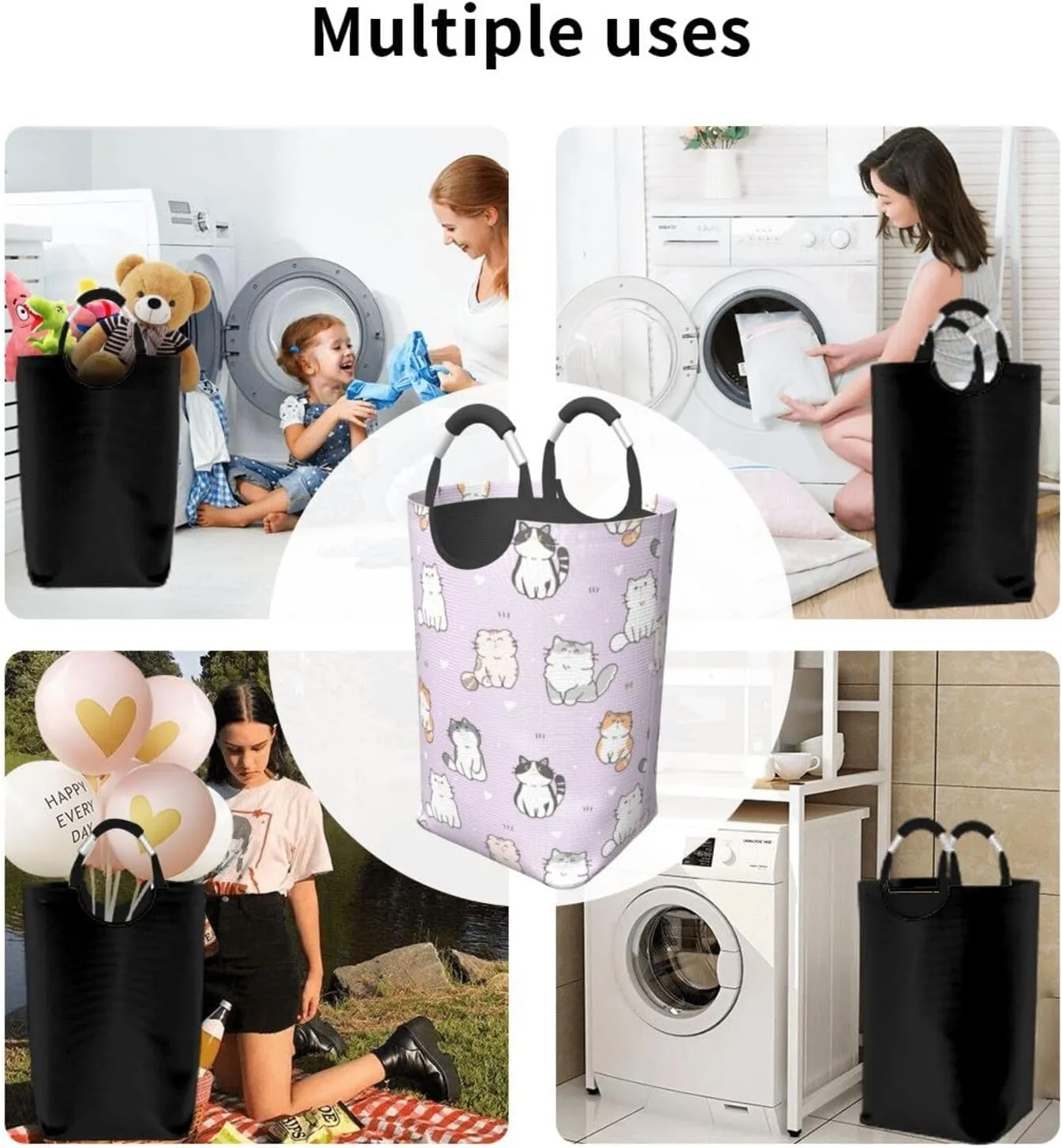 LIBIFALL Purple Cats Large Laundry Basket Cute Cartoon Cat Laundry Hamper Bag Collapsible Laundry Baskets Clothes Hamper with Handles Animals Storage Baskets For Bathroom, Dorm, Family, 50L