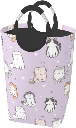 LIBIFALL Purple Cats Large Laundry Basket Cute Cartoon Cat Laundry Hamper Bag Collapsible Laundry Baskets Clothes Hamper with Handles Animals Storage Baskets For Bathroom, Dorm, Family, 50L