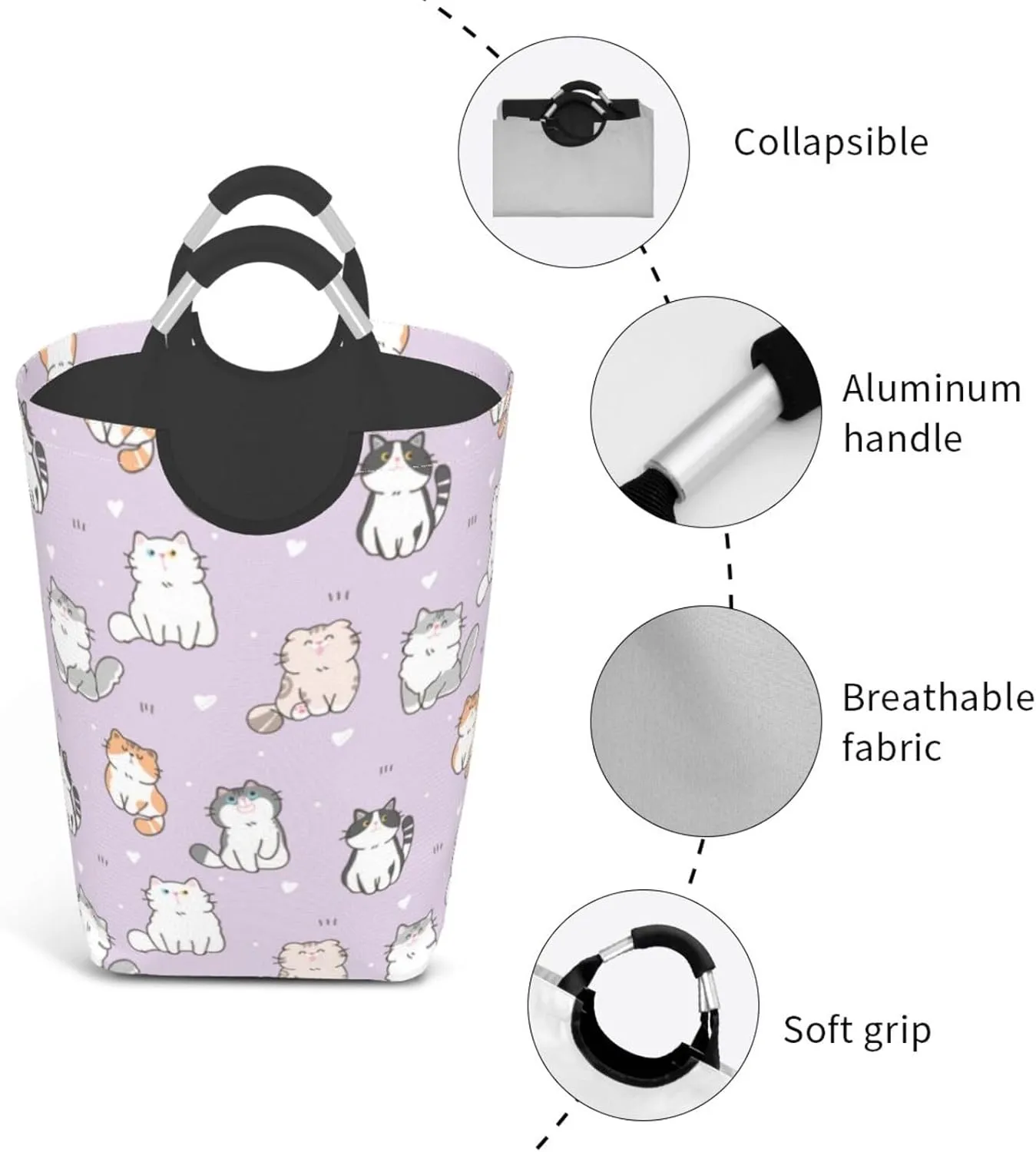 LIBIFALL Purple Cats Large Laundry Basket Cute Cartoon Cat Laundry Hamper Bag Collapsible Laundry Baskets Clothes Hamper with Handles Animals Storage Baskets For Bathroom, Dorm, Family, 50L