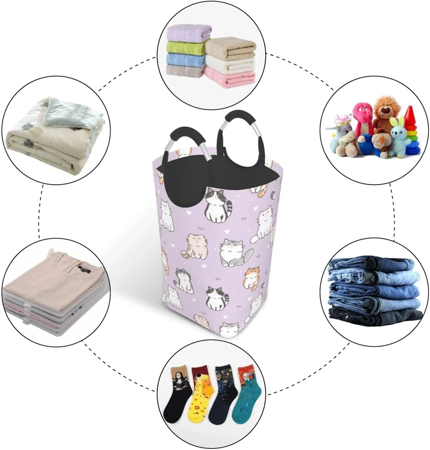 LIBIFALL Purple Cats Large Laundry Basket Cute Cartoon Cat Laundry Hamper Bag Collapsible Laundry Baskets Clothes Hamper with Handles Animals Storage Baskets For Bathroom, Dorm, Family, 50L