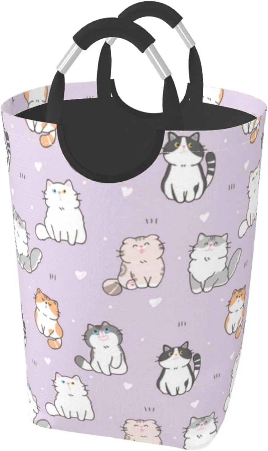 LIBIFALL Purple Cats Large Laundry Basket Cute Cartoon Cat Laundry Hamper Bag Collapsible Laundry Baskets Clothes Hamper with Handles Animals Storage Baskets For Bathroom, Dorm, Family, 50L