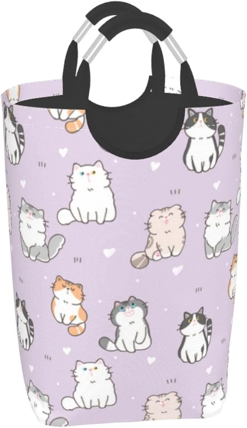 LIBIFALL Purple Cats Large Laundry Basket Cute Cartoon Cat Laundry Hamper Bag Collapsible Laundry Baskets Clothes Hamper with Handles Animals Storage Baskets For Bathroom, Dorm, Family, 50L