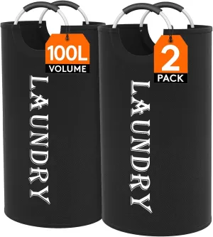 Lifewit 100L 2-Pack Large Laundry Basket, Collapsible Laundry Hamper with Aluminum Handles, Waterproof Freestanding Dirty Clothes Hampers for Laundry Room Bedroom Dorm Bathroom, Black