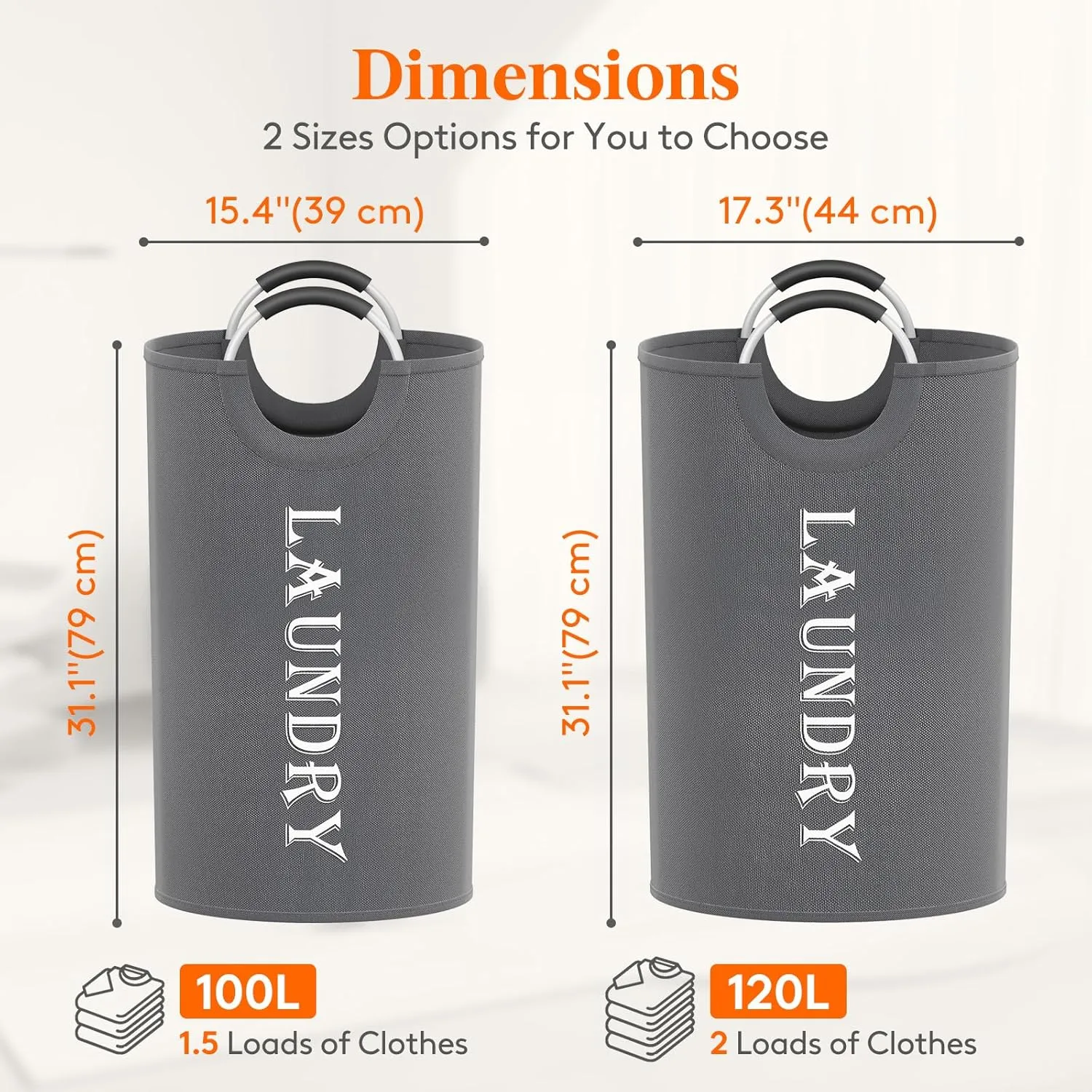 Lifewit 100L 2-Pack Large Laundry Basket, Collapsible Laundry Hamper with Aluminum Handles, Waterproof Freestanding Dirty Clothes Hampers for Laundry Room Bedroom Dorm Bathroom, Grey