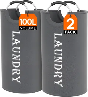 Lifewit 100L 2-Pack Large Laundry Basket, Collapsible Laundry Hamper with Aluminum Handles, Waterproof Freestanding Dirty Clothes Hampers for Laundry Room Bedroom Dorm Bathroom, Grey