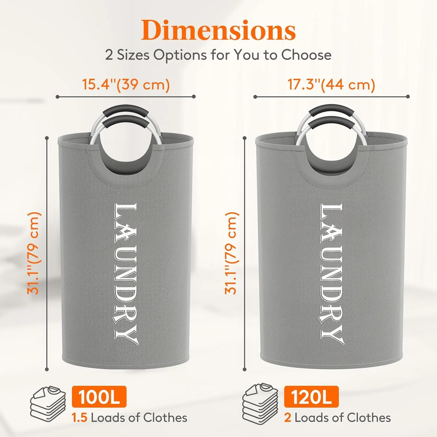 Lifewit 100L 2-Pack Large Laundry Basket, Collapsible Laundry Hamper with Aluminum Handles, Waterproof Freestanding Dirty Clothes Hampers for Laundry Room Bedroom Dorm Bathroom, Silver Grey