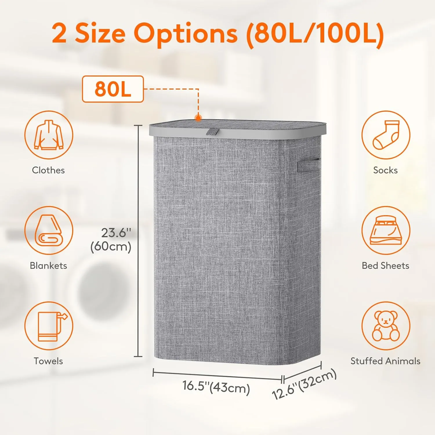 Lifewit 80L Laundry Basket with Lid, Large Laundry Hamper with Plastic Handles and Removable Bag, Foldable Tall Dirty Clothes Hampers for Laundry for Laundry Room, Bedroom, Bathroom, Dorm,Light Gray