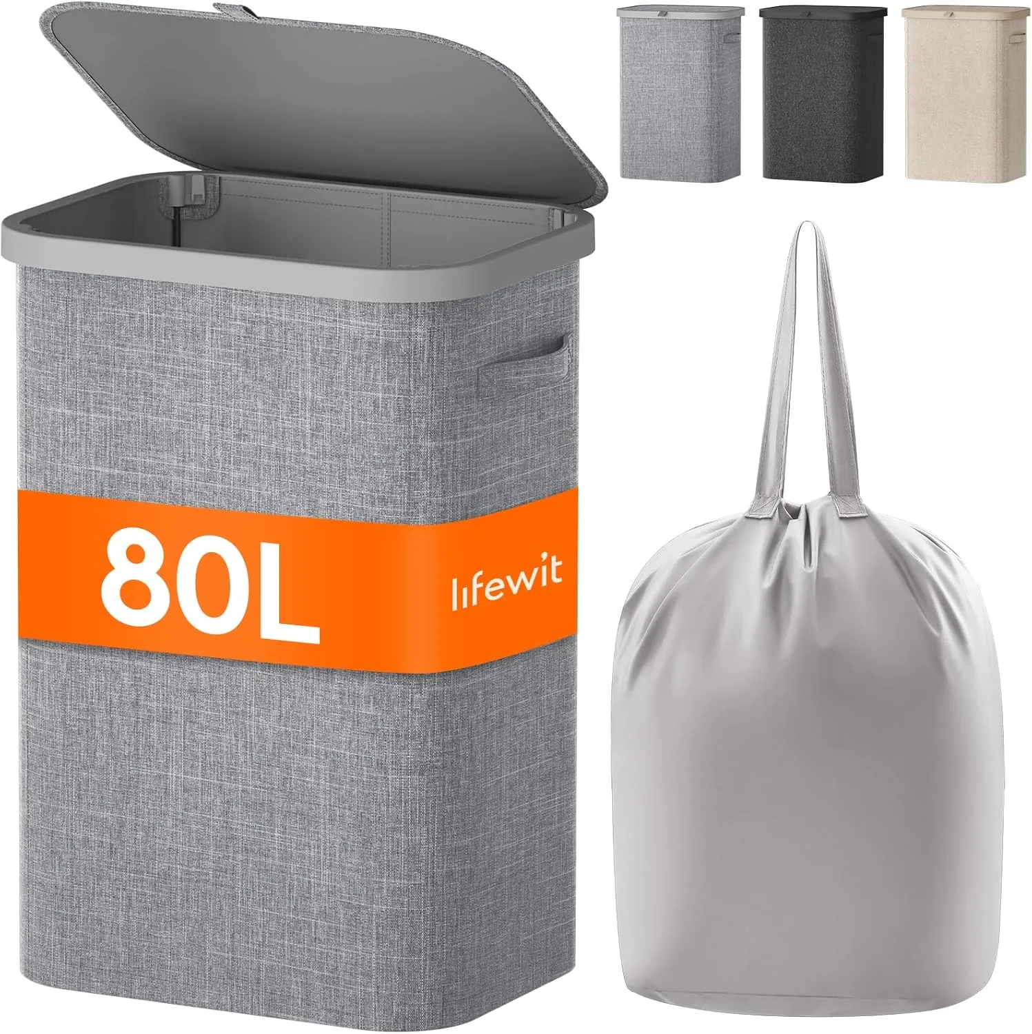 Lifewit 80L Laundry Basket with Lid, Large Laundry Hamper with Plastic Handles and Removable Bag, Foldable Tall Dirty Clothes Hampers for Laundry for Laundry Room, Bedroom, Bathroom, Dorm,Light Gray