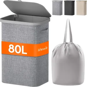 Lifewit 80L Laundry Basket with Lid, Large Laundry Hamper with Plastic Handles and Removable Bag, Foldable Tall Dirty Clothes Hampers for Laundry for Laundry Room, Bedroom, Bathroom, Dorm,Light Gray
