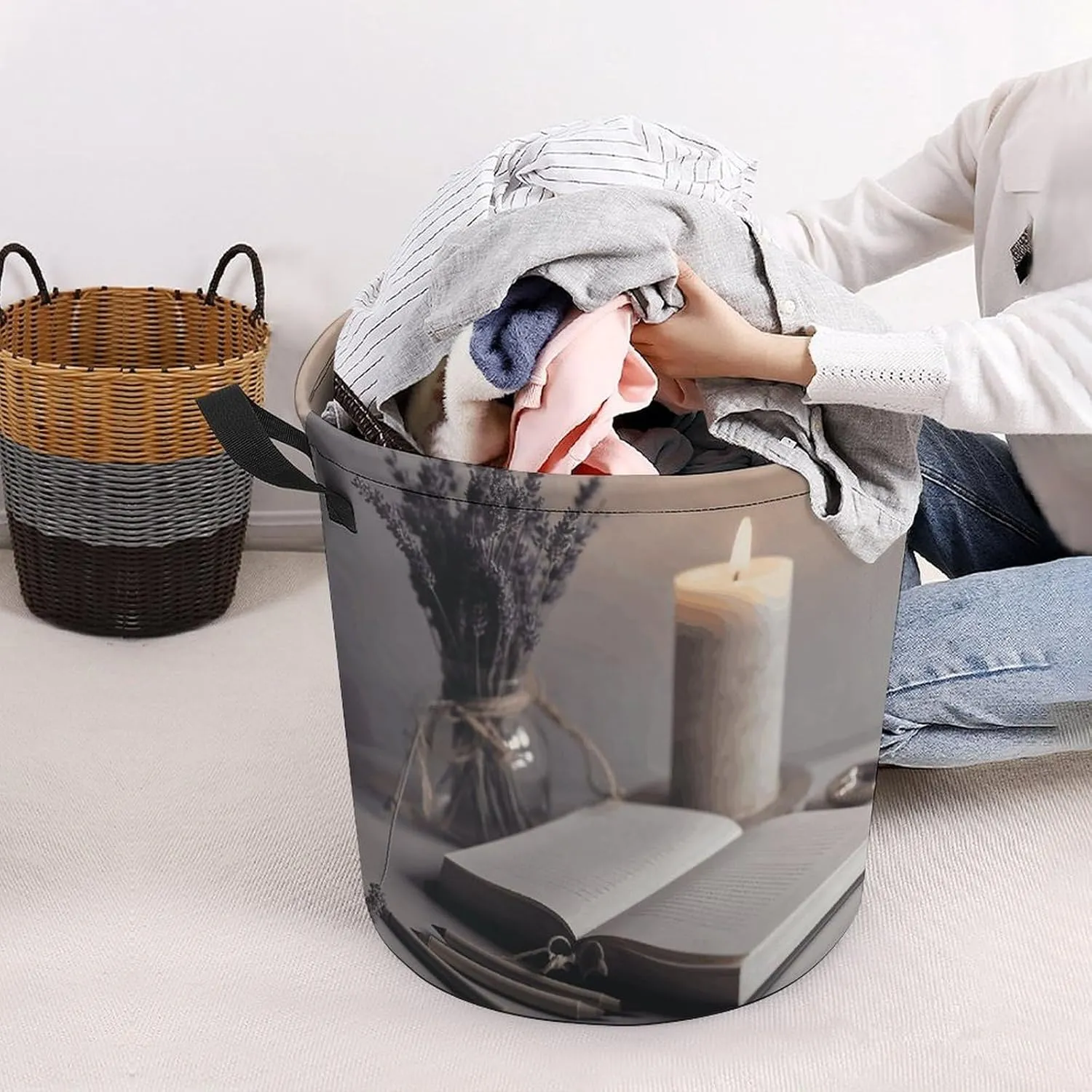 Light A Candle Large Foldable Laundry Basket Waterproof Lightweight Laundry Hamper Storage Bin Clothes Toys Organizer Bag with Handles for Home Bathroom Bedroom Dorm，44x35cm