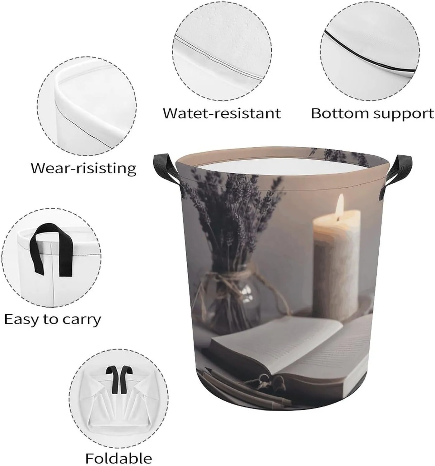 Light A Candle Large Foldable Laundry Basket Waterproof Lightweight Laundry Hamper Storage Bin Clothes Toys Organizer Bag with Handles for Home Bathroom Bedroom Dorm，44x35cm
