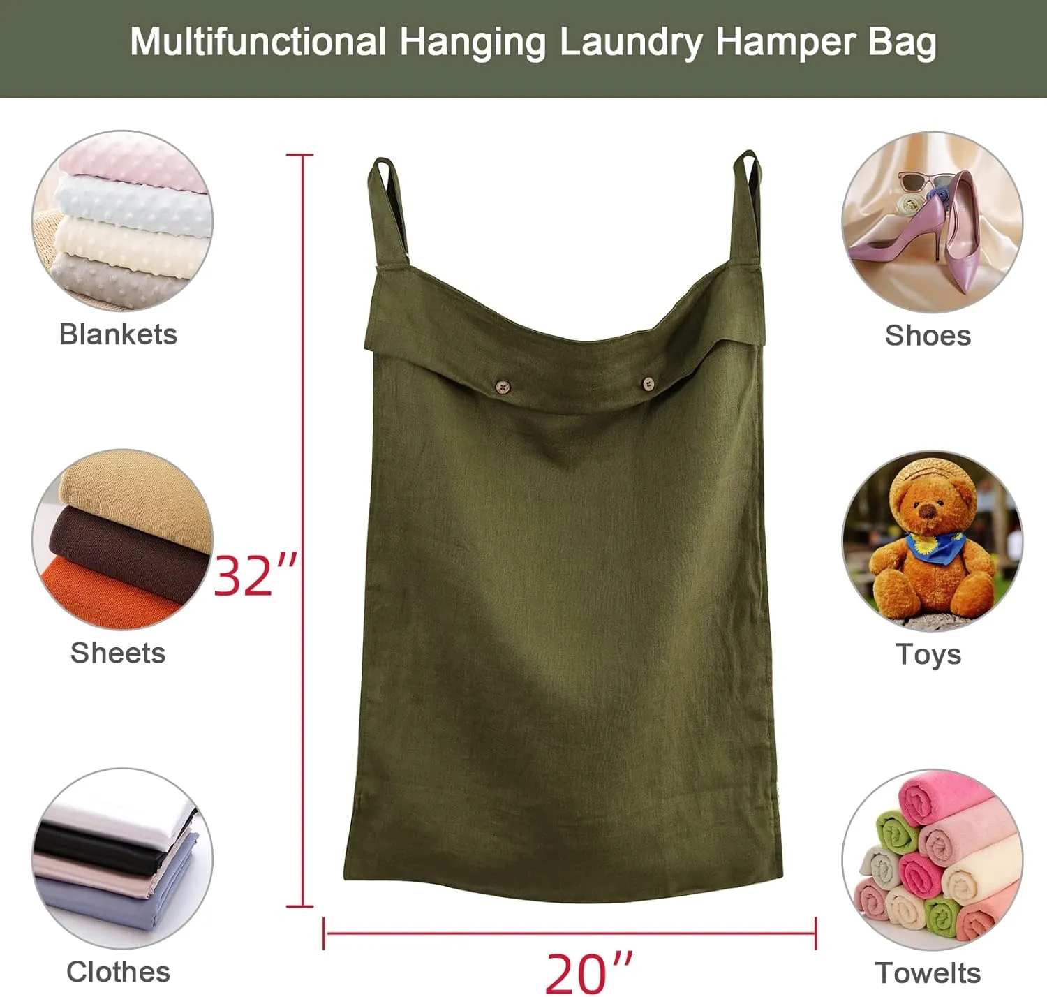 Linen Hanging Laundry Bag, 100% Linen Over The Door Laundry Hamper with Buttons and Zipper, Space Saving Door Hampers for Laundry Dirty Clothes Home Travel, Green