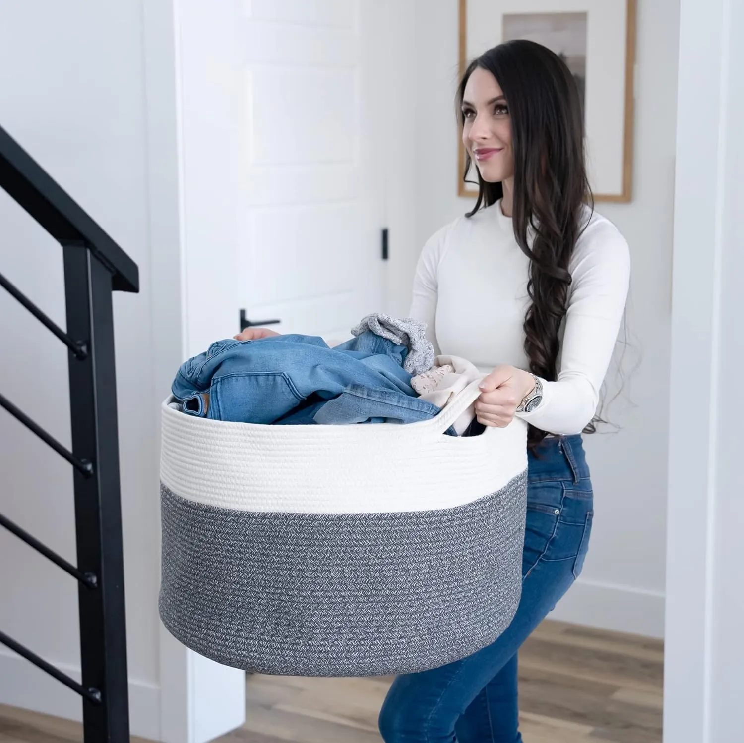 Little Hippo XXL Cotton Rope Basket, 100% Natural! Large Baby Gift Basket, White & Dark Gray