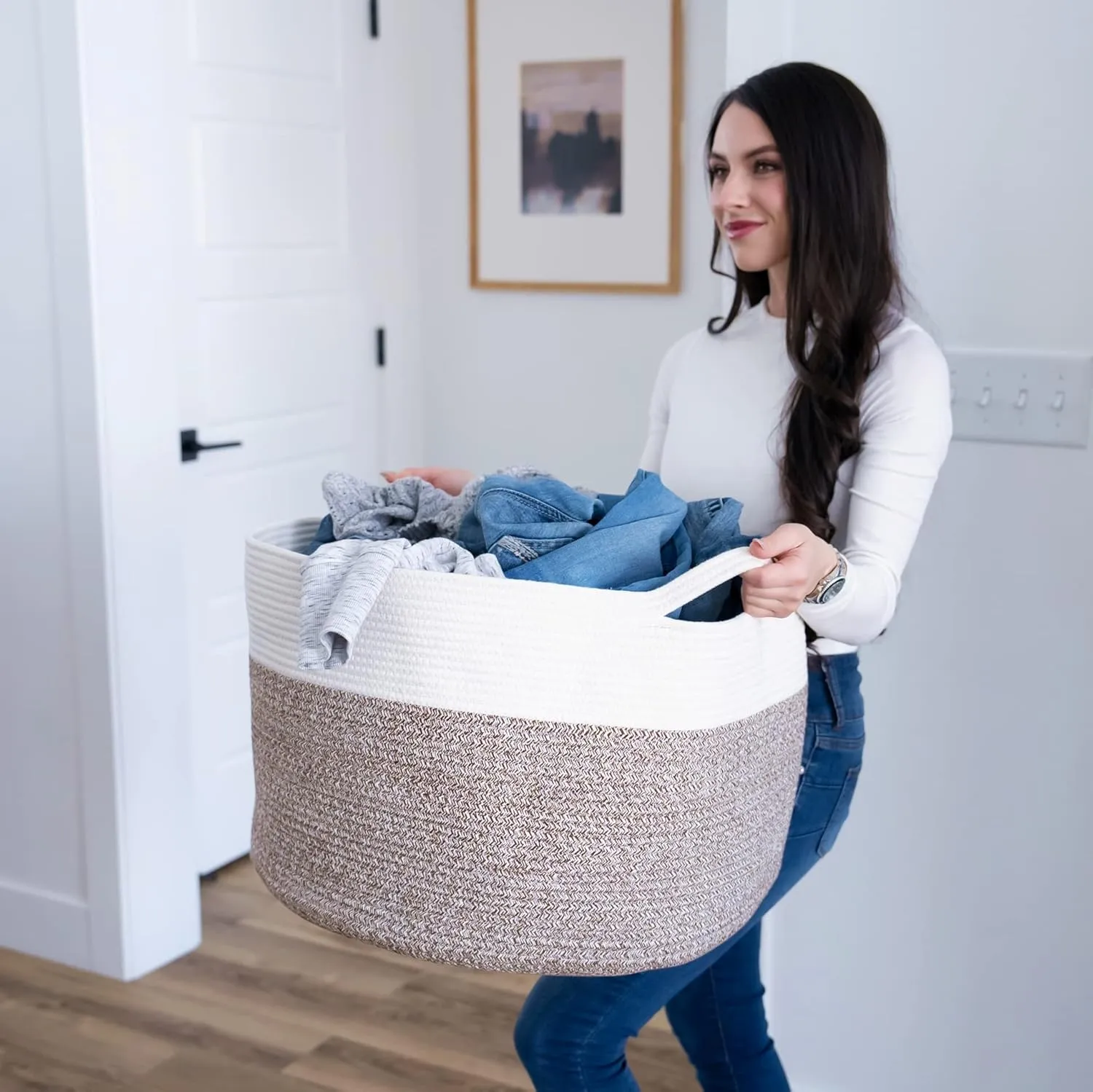 Little Hippo XXXL Large Cotton Rope Basket (22"x14") 100% Natural Cotton! Rope Basket, Baby Gift Basket, Large Basket, Blanket Basket Living Room, Toy Basket, Pillow Basket (White & Brown)