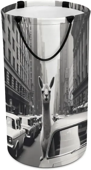 Llama_in City Street with Cars Large Laundry Basket Laundry Hamper Bag Washing Bin Clothes Bag Collapsible Tall With Handles Travel Bathroom College